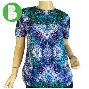 LIZ CLAIBORNE PETITE PURPLE, GREEN, BLUE & WHITE ABSTRACT PRINT BLOUSE (SP)